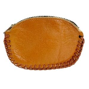 Vintage Handcrafted Oval Leather Coin Purse with Zip Closure Whipstitch Details